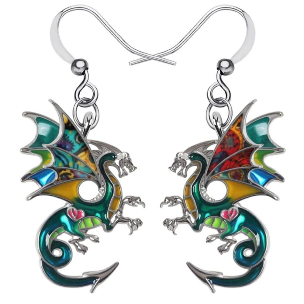 Silver and Multicolor Enamel Mythical Dragon Dangling French Wire Hook Earrings